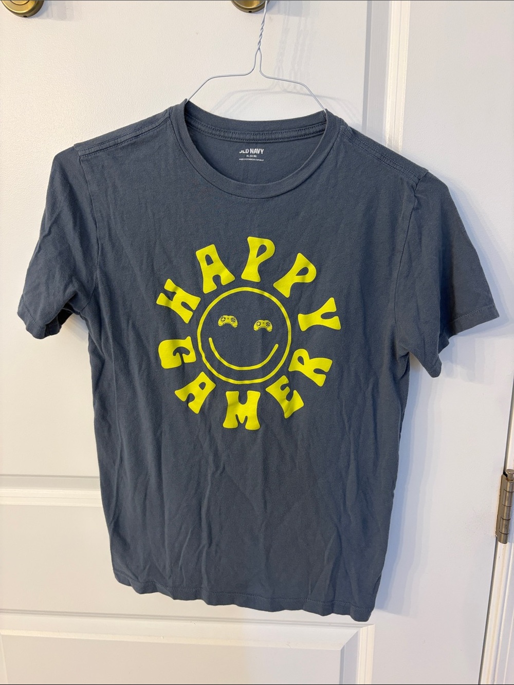 Old Navy Men's Dark Gray Tee with Neon Yellow "Happy Gamer" Graphic